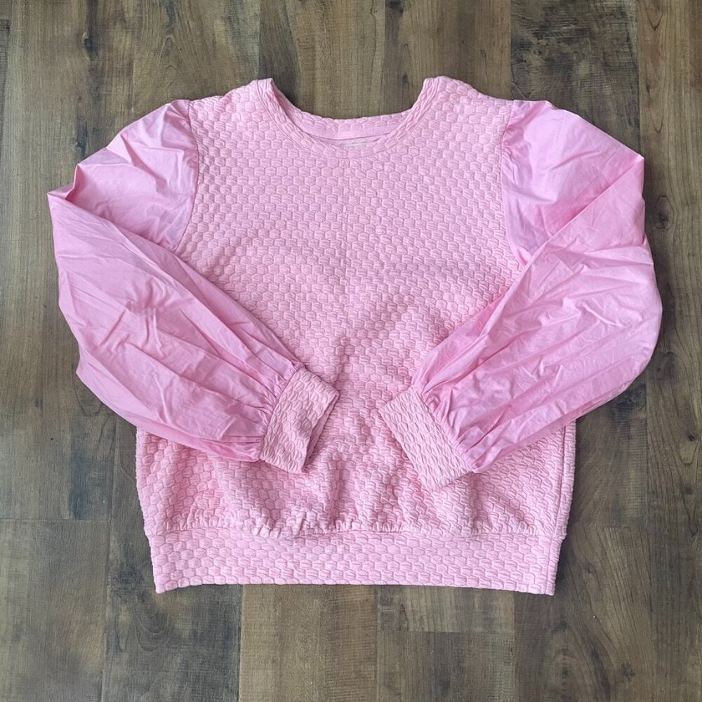 Porridge‎ Anthropologie Pink Textured Blouse Size L Balloon Sleeve Smocked Cuffs